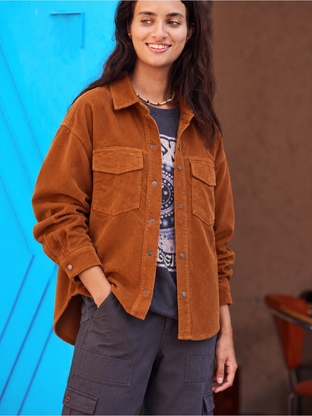 Sanctuary Dakota Corduroy Shacket Shirt Jacket Snap Chore Coat Chestnut *J
